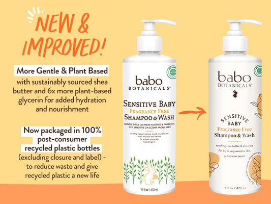 Babo Botanicals Sensitive Baby Fragrance-Free 2-in-1 Shampoo & Wash - Shea Butter, Calendula & Aloe Vera - EWG Verified - Cruelty-Free - Vegan - Pediatrician Tested - For Babies & Kids