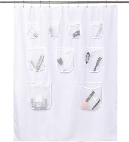 Mrs Awesome Extra-Long Fabric Shower Curtain or Liner with 9 Mesh Pocket, 71 x 84 inch, Water Repellent, Odorless, Washable and Rust Proof Grommets