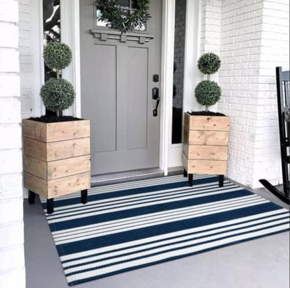 OJIA Blue and White Outdoor Rug 3’x5‘ Cotton Woven Striped Front Porch Rug Machine Washable Indoor Outdoor Rugs Farmhouse Entry Rug Layered Door Mat for Entryway/Kitchen/Laundry/Living Room
