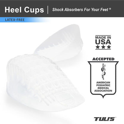 Tuli's Heavy Duty Gel Heel Cups, Cushion Insert for Shock Absorption, Plantar Fasciitis, Sever’s Disease and Heel Pain Relief, Made in USA, Small, 1 Pair