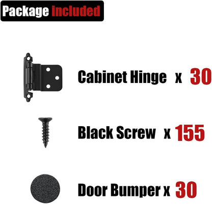 JQK 3/8 Inch Inset Cabinet Door Hinges Black, 30 Pack 15 Pairs Flush Face Mount Cupboard Self-Closing Kitchen Cabinet Hardware Hinges with Door Bumper, CH201-BK-P30