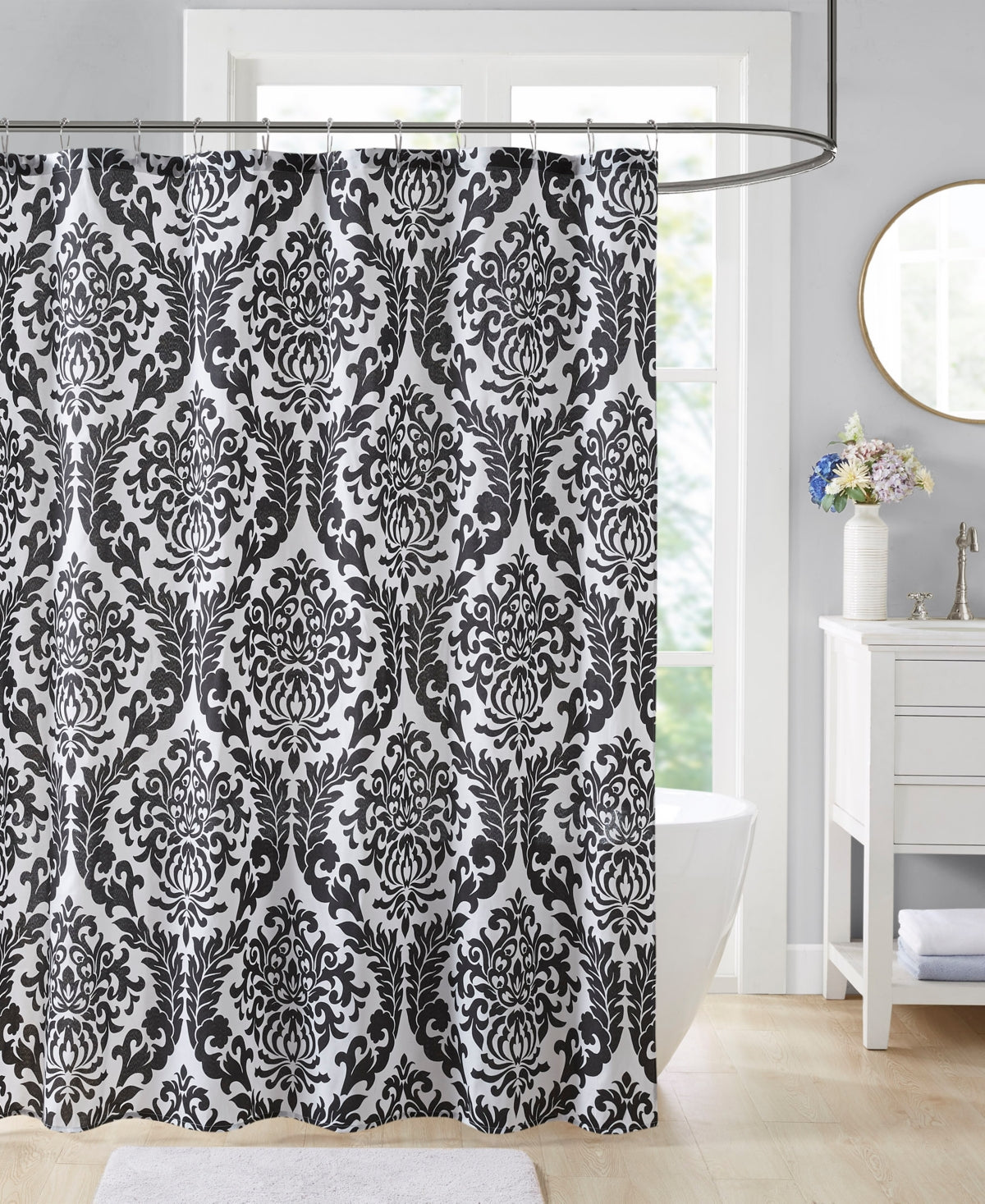 Damask Shower Curtain, 72 X 72 - Black and White