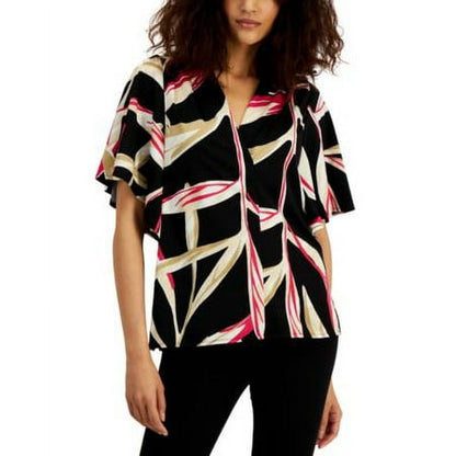 Alfani Womens Mixed-Media Flutter-Sleeve Top Black Size Large