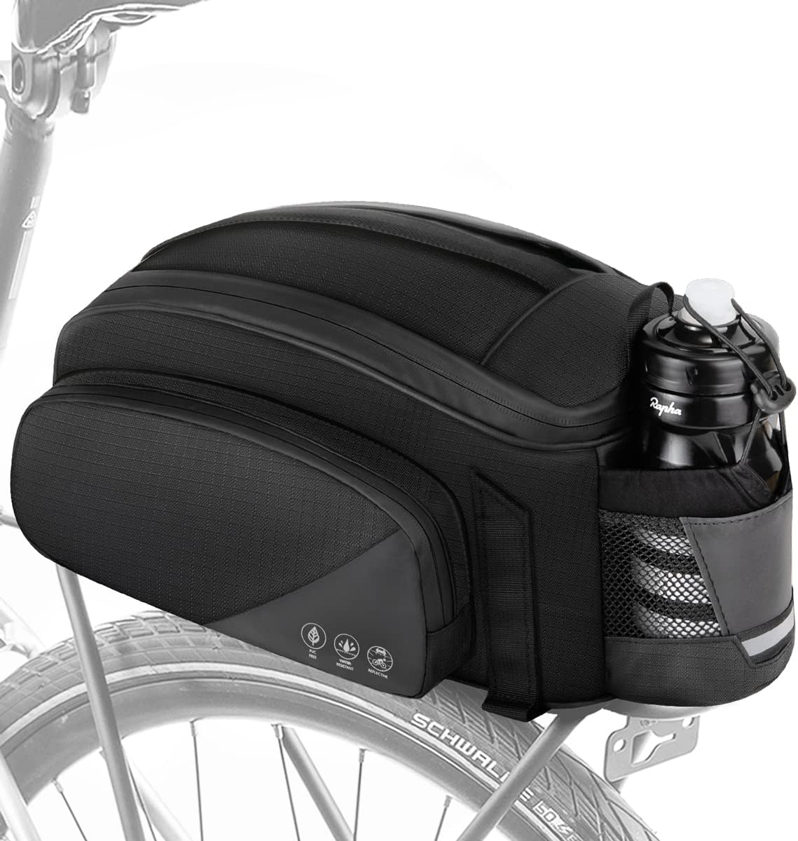 WOTOW Bike Rear Rack Bag, 12L Waterproof Reflective Bicycle Trunk Bag, Cycling Rear Seat Carrier Backseat Storage Luggage with Water Bottle Holder, Shoulder Strap for MTB Bike E-Bike