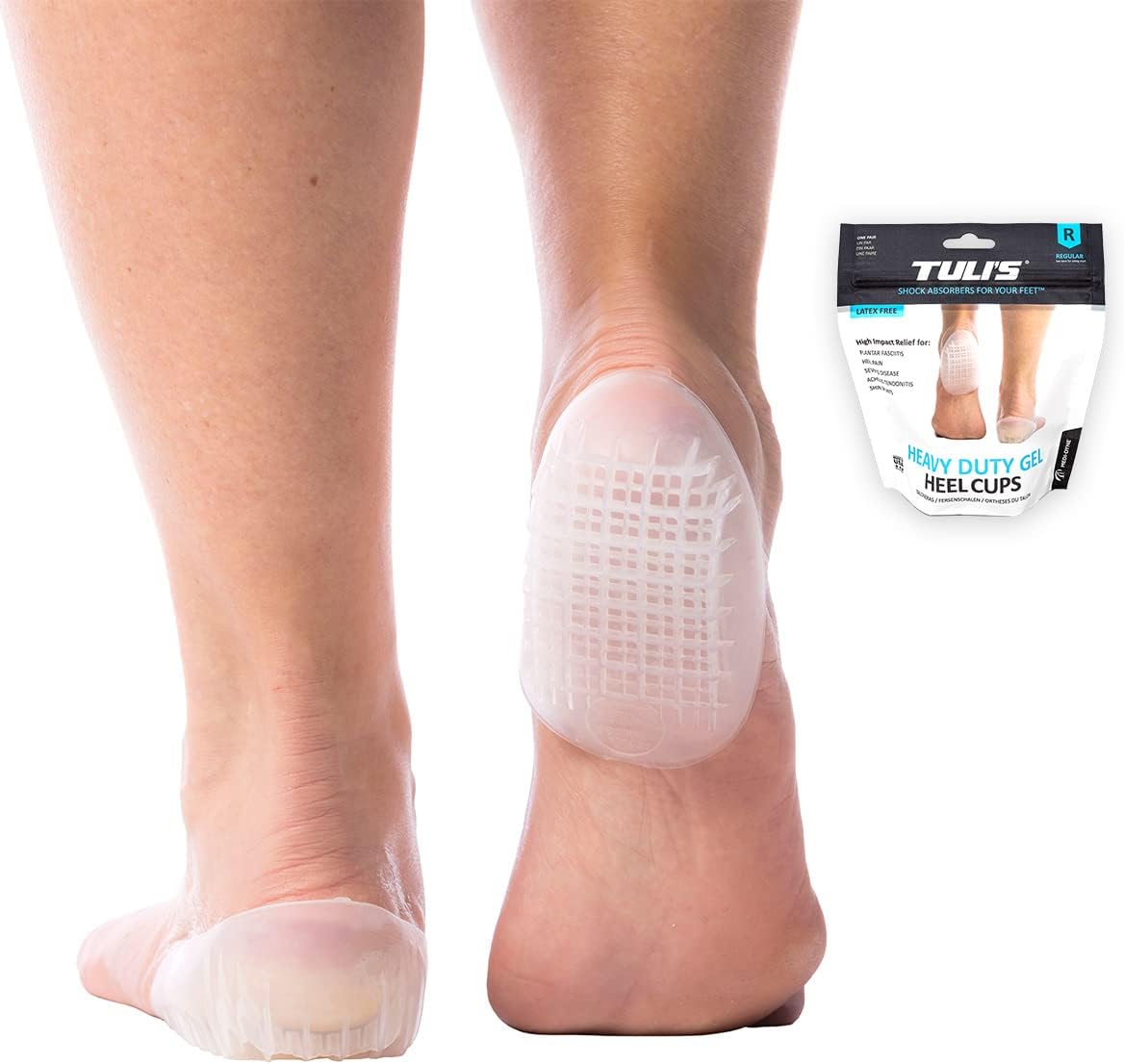 Tuli's Heavy Duty Gel Heel Cups, Cushion Insert for Shock Absorption, Plantar Fasciitis, Sever’s Disease and Heel Pain Relief, Made in USA, Small, 1 Pair