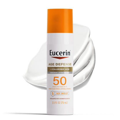 Eucerin Sun Age Defense SPF 50 Face Sunscreen Lotion with Hyaluronic Acid, Hypoallergenic, Non-Comedogenic Sunscreen SPF 50 Free of Fragrance, Oxybenzone and Octinoxate, 2.5 Fl Oz Bottle