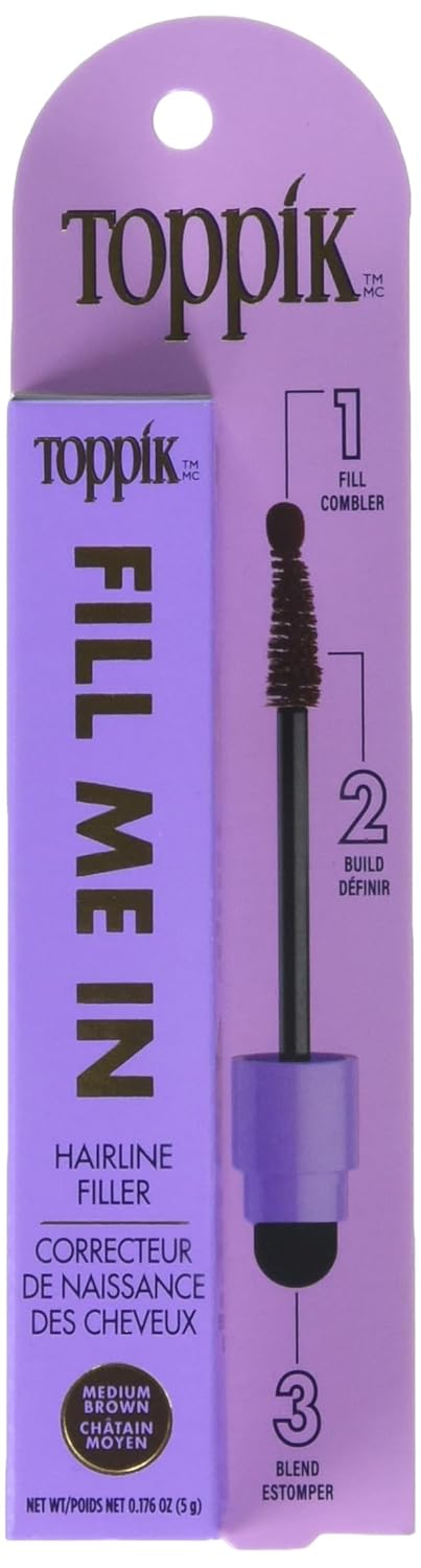 Toppik Fill Me In Hairline Filler, Hair Color Root Touchup, Hair Fibers Wand, Fills In Thinning Hairline, Hair Styling Product, 0.176 oz (5 g) Medium Brow