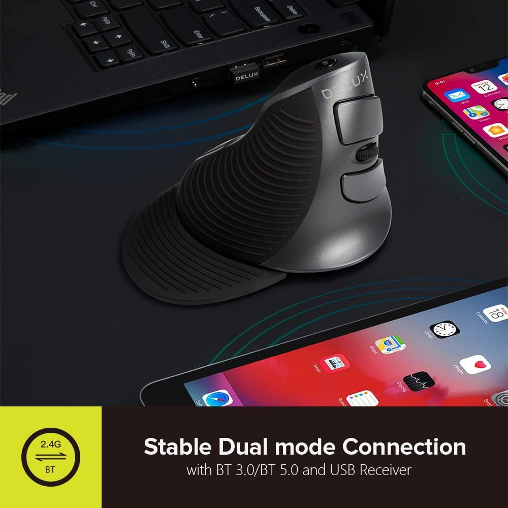 DeLUX Rechargeable Ergonomic Wireless Mouse Silent, 1600DPI, Reduce Hand and Wrist Pain, Vertical Mouse with USB Receiver and BT 5.0, 6 Buttons and Removable Palm Rest (M618G DB-Black)