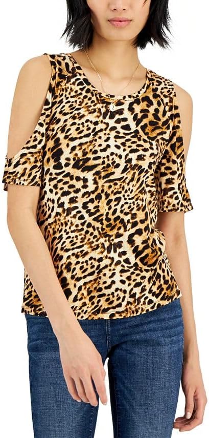 INC International Concepts Women's Leopard Printed Cold Shoulder Knit Top Black Size X-Large