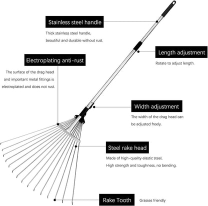 Buyplus Adjustable Garden Leaf Rake - 24 to 63 Inch Telescopic Metal Rake, Expandable Folding Leaves Rake for Lawn Yard, Flowers Beds, Black