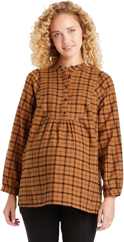 Isabel Maternity by Ingrid & Isabel Long Sleeve Brushed Flannel Maternity Blouse - (as1, Alpha, x_s, Regular, Regular, Brown Plaid)