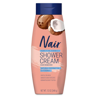 Nair Sensitive Shower Cream Hair Remover with Natural Coconut Oil and Vitamin E, Body Hair Removal Cream for Women, 12 oz