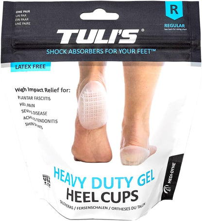 Tuli's Heavy Duty Gel Heel Cups, Cushion Insert for Shock Absorption, Plantar Fasciitis, Sever’s Disease and Heel Pain Relief, Made in USA, Small, 1 Pair