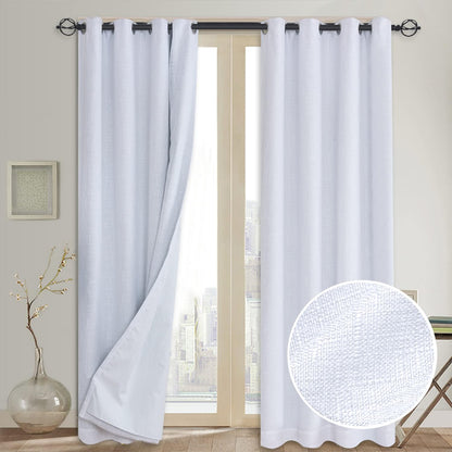 100% Blackout Curtains (with Liner), White Linen Blackout Curtains & Blackout Thermal Insulated Liner, Grommet Curtains for Living Room/Bedroom,Burlap Curtains - 2 Panels, 50x84