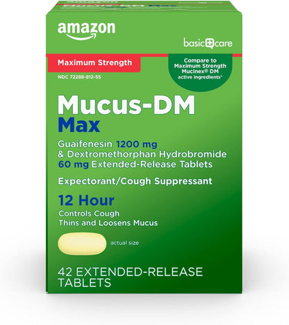 Amazon Basic Care Maximum Strength Mucus DM, Expectorant and Cough Suppressant Extended-Release Tablets, 42 Count