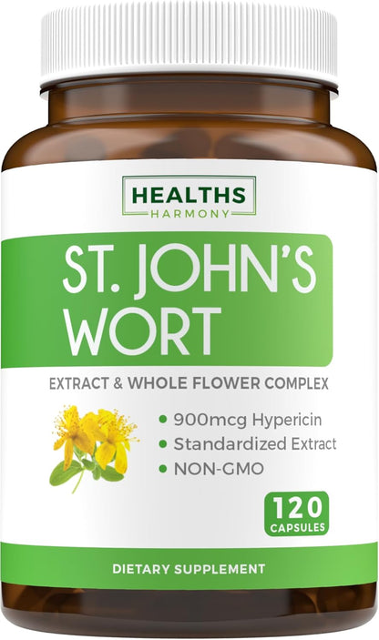 St. John's Wort - 120 Capsules (Non-GMO) Effective St Johns Wort Capsules - Powerful 900mcg Hypericin - Standardized Extract & Whole Herb Supplement - No Oil, Pills, Tea, Tincture - 500mg Per Capsule 120 Count (Pack of 1)