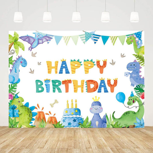 7x5ft Dinosaur Birthday Backdrop for Boy Watercolor Blue Green Happy Birthday Photography Background Jungle Safari Leaves Birthday Party Decorations Banner Photo Props