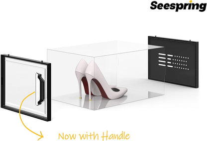 SEE SPRING Large 12 Pack Shoe Storage Box, Shoe Organizer for Closet, Clear Plastic Stackable Shoe Boxes, Space Saving Foldable Sneaker Shoe Rack Containers Bin Holder (Black)