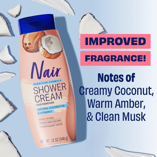 Nair Sensitive Shower Cream Hair Remover with Natural Coconut Oil and Vitamin E, Body Hair Removal Cream for Women, 12 oz