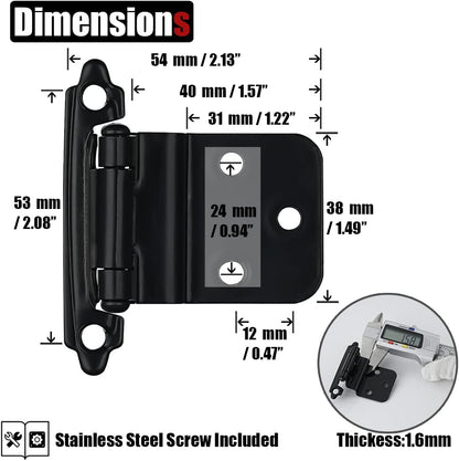 JQK 3/8 Inch Inset Cabinet Door Hinges Black, 30 Pack 15 Pairs Flush Face Mount Cupboard Self-Closing Kitchen Cabinet Hardware Hinges with Door Bumper, CH201-BK-P30