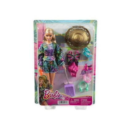 Barbie Holiday Fun Doll (12 Inches), Blonde Highlighted Hair, Travel tote & Summer Accessories, Kids 3 to 7 Years Old