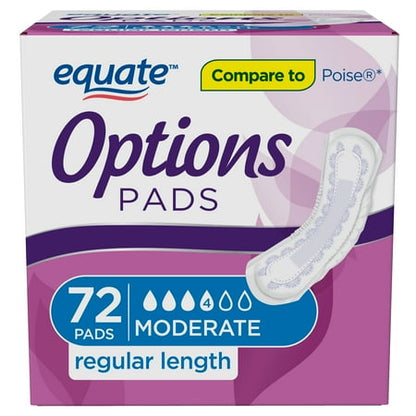 Equate Options Women's Moderate-Regular Incontinence Pads, 72 Count