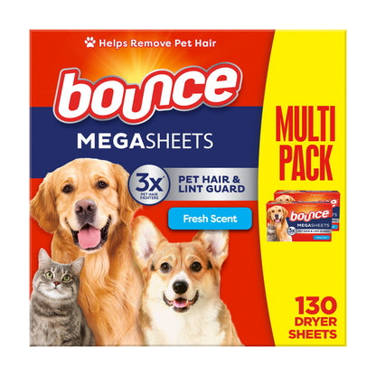 Bounce Pet Hair and Lint Guard Mega 130-Count Fabric Softener Dryer Sheet