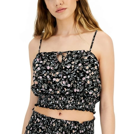Hippie Rose Juniors' Spaghetti Straps Smocked Crop Top Black Floral Size XS
