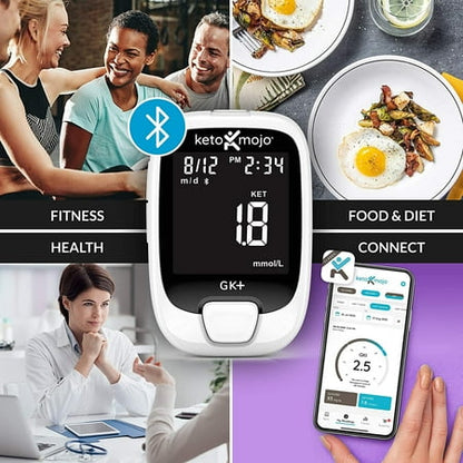 KETO-MOJO GK+ Glucose & Ketone Bluetooth Monitor + Free APP, 20 Test Strips (10 Each), Meter, 20 Lancets, Lancing Device, Control Solutions. Dual Blood Monitoring System for Ketosis &a