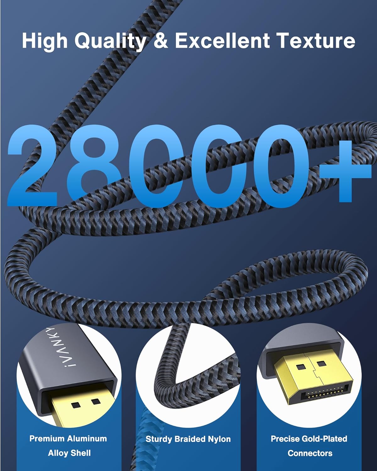 Ivanky DisplayPort to DisplayPort Cable – 6.6 feet Braided Nylon DP Cable [2 K @ 165HZ 2 K @ 144Hz 4 K @ 60Hz] – Male to Male – Space Grey