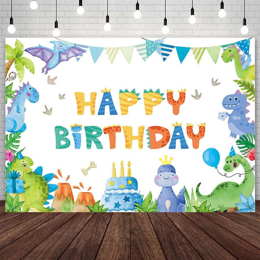 7x5ft Dinosaur Birthday Backdrop for Boy Watercolor Blue Green Happy Birthday Photography Background Jungle Safari Leaves Birthday Party Decorations Banner Photo Props