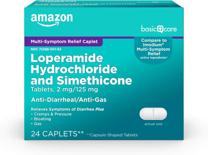 Amazon Basic Care Loperamide Hydrochloride 2 mg and Simethicone 125 mg Tablets, Multi-Symptom, Anti-Diarrhea Medicine, Gas Relief, 24 Count