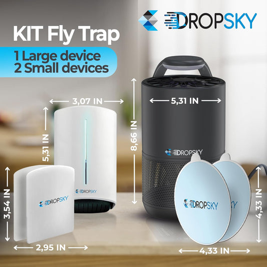 Dropsky Kit Indoor Flying Insect Trap - Plug-in Bug Light Trap for Fruit Flies, Gnats and Houseflies - Odorless and Mess Free (1 Big Trap + 2 Small Traps + 4 Glue Cards)