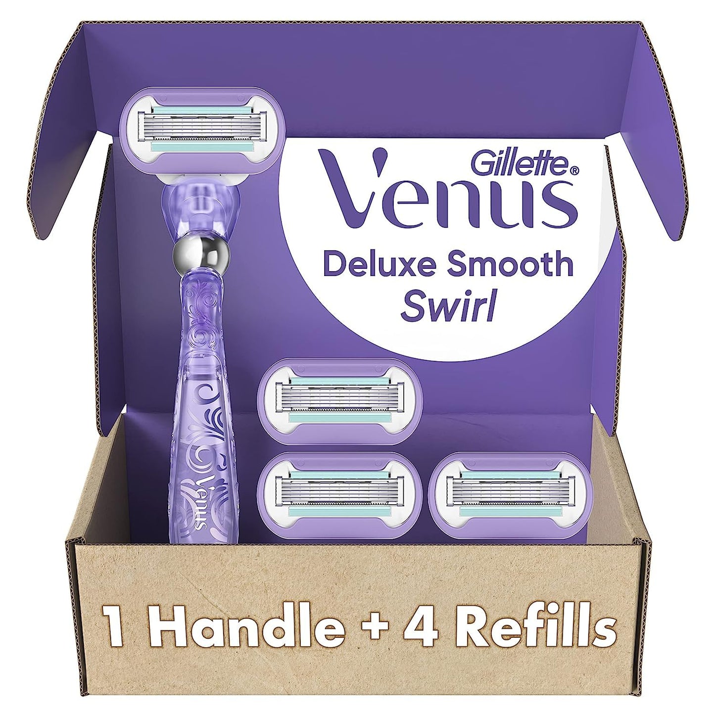 Gillette Venus Deluxe Smooth Swirl Women's Razor Handle + 4 Blade Refills, Flexible Handle and Pivoting Head