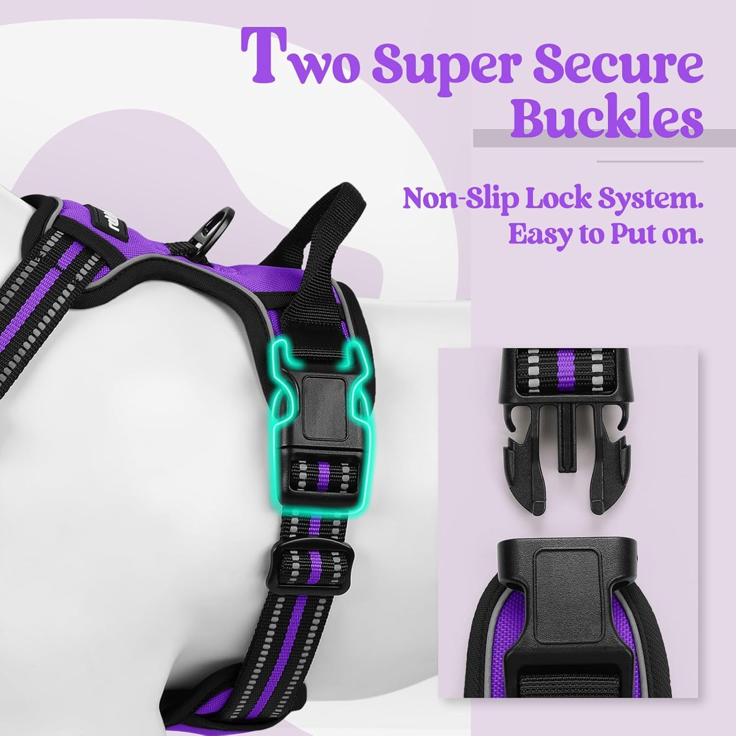rabbitgoo Dog Harness No Pull with 2 Leash Clips, Adjustable Soft Padded, Reflective Oxford No Choke Pet Vest with Easy Control Handle for Large Dogs, Purple, L
