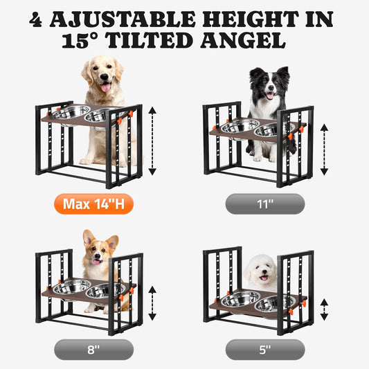 Elevated Dog Bowl: Adjustable 8 Heights Raised Dog Bowl Stand for Medium Large and X-Large Size Dogs, Pawtners 15° Tilted Metal Pet Feeder Station with Stainless Steel Food Water Bowl Set Max 14.5" H