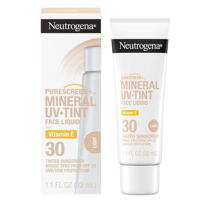 Neutrogena Purescreen+ Tinted Sunscreen for Face with SPF 30, Broad Spectrum Mineral Sunscreen with Zinc Oxide and Vitamin E, Water Resistant, Fragrance Free, Light, 1.1 fl oz