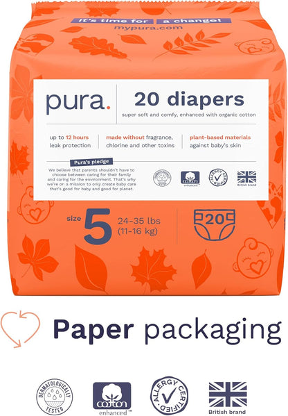 Pura Size 5 Eco-Friendly Diapers (24-35 lbs) Totally Chlorine Free (TCF), Hypoallergenic, Soft Organic Cotton, Sustainable, up to 12 Hours Leak Protection, Allergy UK, 6 Packs of 20 (120 Diapers)