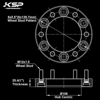 6X5.5 Wheel Spacers, KSP Forged 1"(25mm) 6x139.7mm to 6x139.7mm Thread Pitch M12x1.5 Hub Bore 108mm Adapters for Tacoma 4Runner Tundra FJ Land Cruiser Black, Not Hubcentric