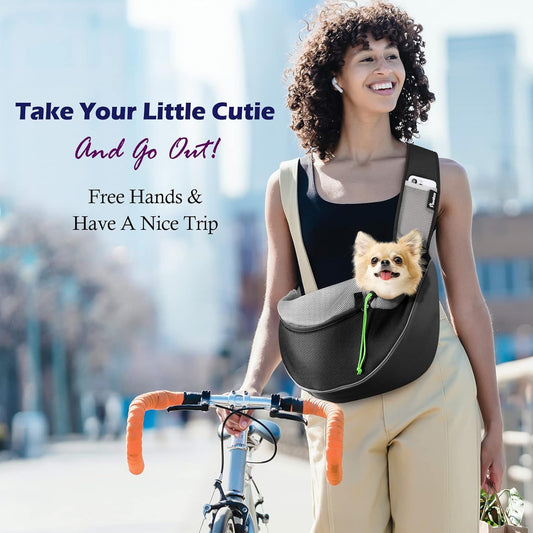 Pawaboo Pet Dog Sling Carrier, Hand Free Drawstring Dog Papoose with Adjustable Strap, Breathable Mesh Bag for Puppy Cat, Crossbody Satchel Dog Purse with Pocket for Outdoor Travel, Black, Medium