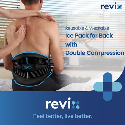 REVIX Large Ice Pack for Back Discomfort Relief with Double Compression, Reusable Gel Lower Back Wrap Ice Brace for Lumbar, Sciatic Nerve, Soft Cold Compress Therapy, Black
