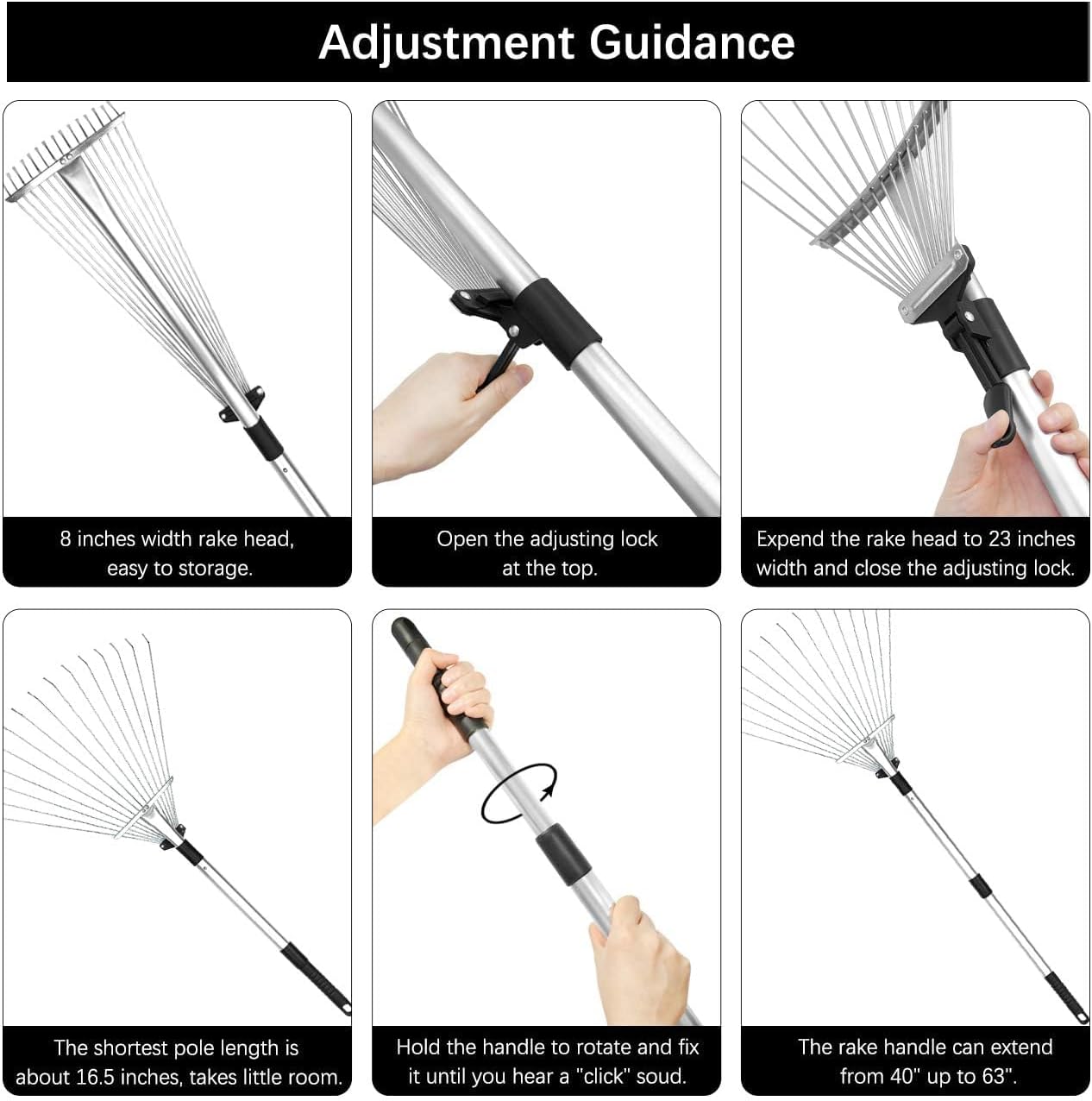Buyplus Adjustable Garden Leaf Rake - 24 to 63 Inch Telescopic Metal Rake, Expandable Folding Leaves Rake for Lawn Yard, Flowers Beds, Black