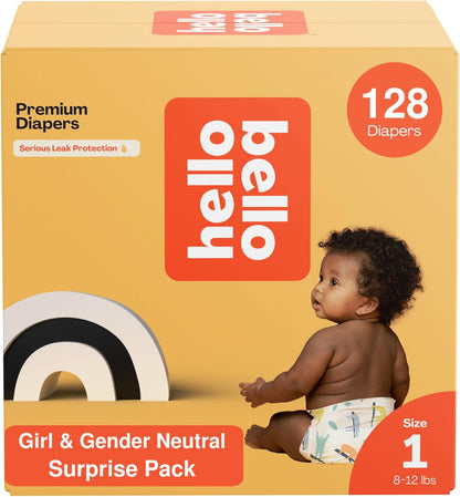 Hello Bello Premium Diapers, Size 1 (8-12 lbs) Surprise Pack for Girls, 128 Count, Hypoallergenic with Soft, Cloth-Like Feel, Girl and Gender Neutral Patterns