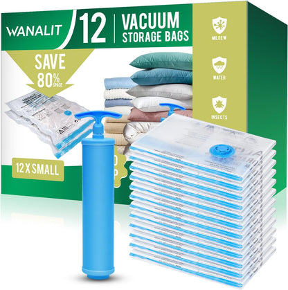 12Pack Small Vacuum Storage Bags, New Air Valve Space Saver Vacuum Sealer Bag for Clothes, Comforters, Blankets, Bedding, Hand Pump Included, Two Vacuum Ways