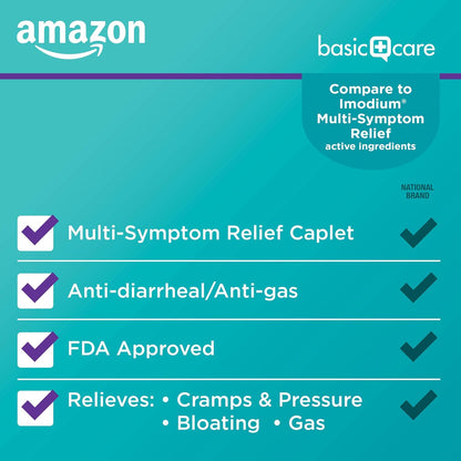 Amazon Basic Care Loperamide Hydrochloride 2 mg and Simethicone 125 mg Tablets, Multi-Symptom, Anti-Diarrhea Medicine, Gas Relief, 24 Count