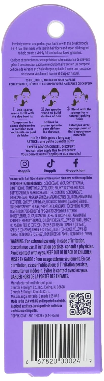 Toppik Fill Me In Hairline Filler, Hair Color Root Touchup, Hair Fibers Wand, Fills In Thinning Hairline, Hair Styling Product, 0.176 oz (5 g) Medium Brow