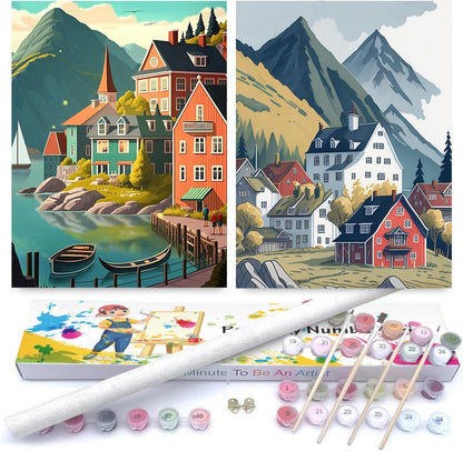 cupmod 2 Pack Rolled Landscape Paint by Number for Adults,DIY Acrylic Easy Paint by Numbers Kit for Adults Beginner, DIY Painting by Numbers for Home Wall Decor 12x16 inch