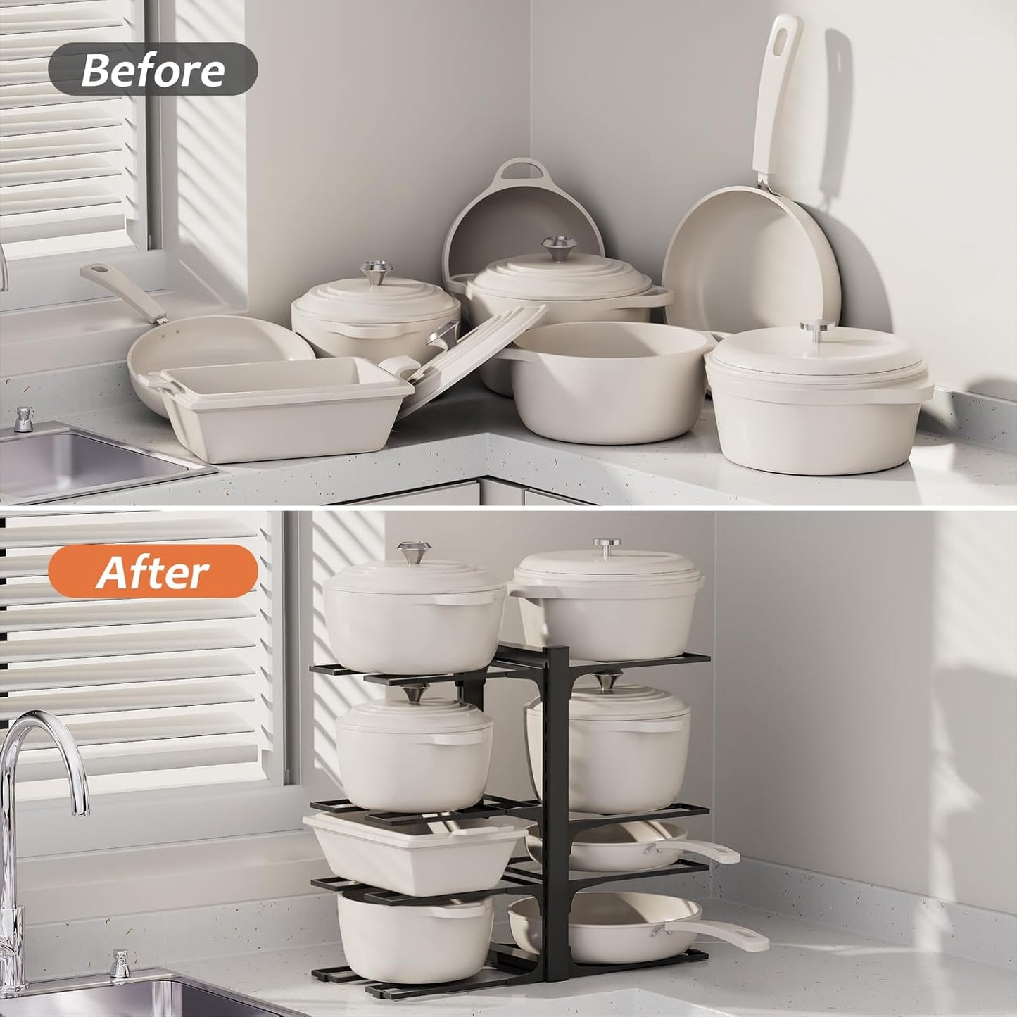 Pots and Pans Organizer Rack for Cabinets, Heavy Duty 8-Tier Adjustable Pot Organizer Rack, Optimize Kitchen Organization and Storage 7.87"D x 18.9"W x 16.5"H
