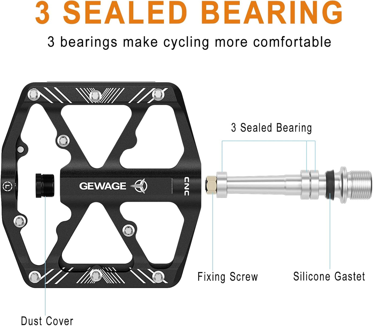Bike Pedals 9/16 Inch - Bicycle Pedals with Reflectors - 3 Sealed Bearings MTB Pedals Wide Platform Pedals for Mountain Bike, BMX, Road Bike Pedals