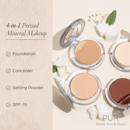 PUR Beauty 4-in-1 Pressed Mineral Makeup Powder Foundation with SPF 15 - Concealer & Finishing Compact Pressed Powder for Face - Buildable Medium to Full Coverage Foundation Powder